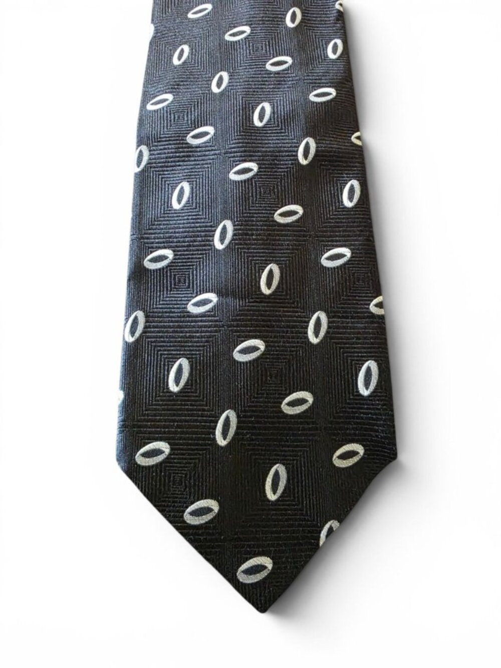 Hugo Boss Men’s Silk Tie Black White Geometric Oval Print Made in Italy - Picture 2 of 11